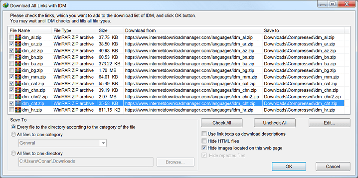 'Download all links with IDM' dialog